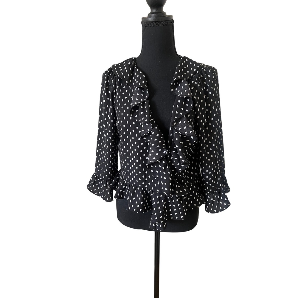 Gap Women Polka Dot Blouse Size Small Black White Coquette Ruffle V-Neck Top